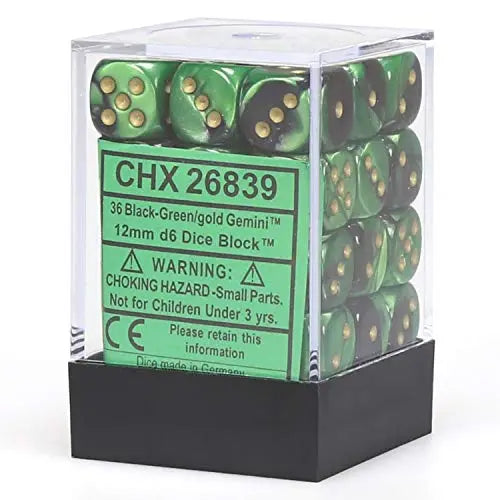 Gemini Black-Green/gold Dice Block (36 Dice)