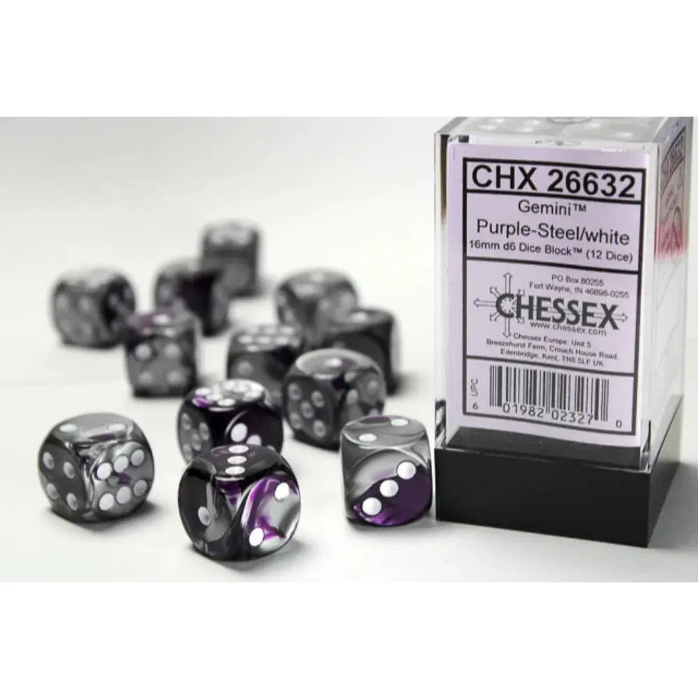 Gemini Purple-Steel/ white Dice Block (36 Dice)