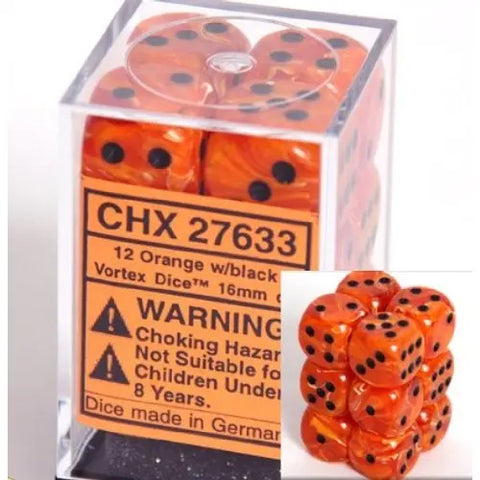 Vortex Orange/ black Dice Block (16 mm 12 Dice) Chessex