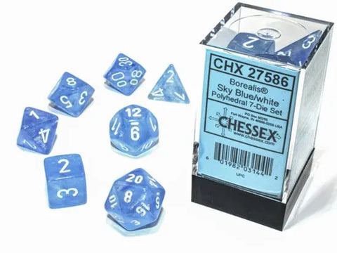 Borealis® Polyhedral Sky Blue/white 7-Die Set Chessex