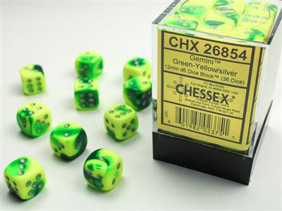 Gemini Green-Yellow/ silver Dice Block (36 Dice)