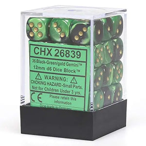 Gemini Black-Green/gold Dice Block (36 Dice)