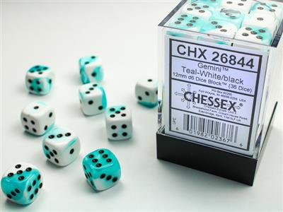 Gemini Teal-White/ black Dice Block (36 Dice)